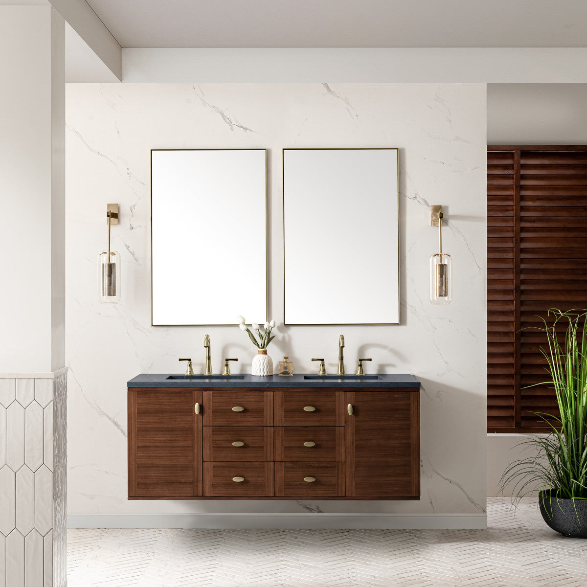 Amberly 60" Double Vanity Cabinet, Mid-Century Walnut