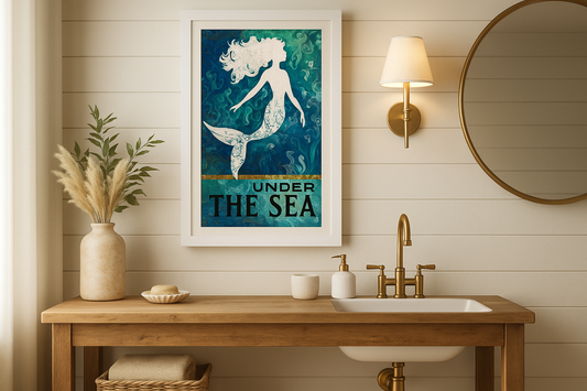 Under the Sea Mermaid Art in Kitchen + Metal Coastal Bathroom Setting