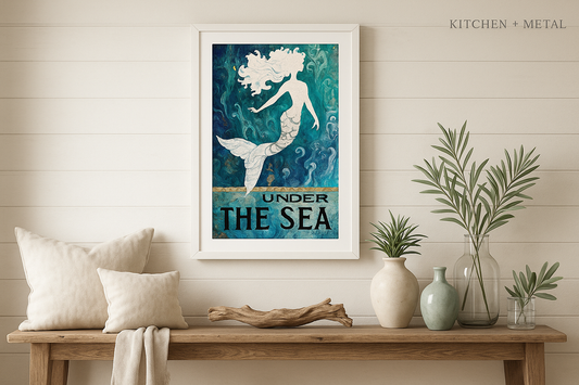 Under the Sea Mermaid Art in Kitchen + Metal Living Room Setting