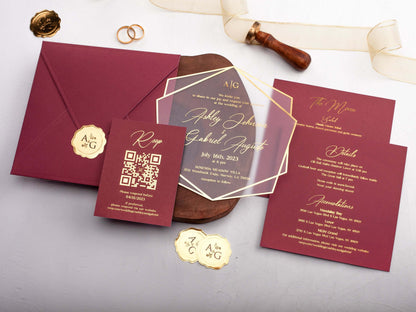 Burgundy Acrylic Wedding Invitations with Gold Foil Printing
