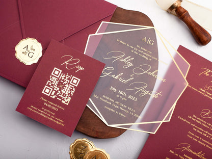 Burgundy Acrylic Wedding Invitations with Gold Foil Printing