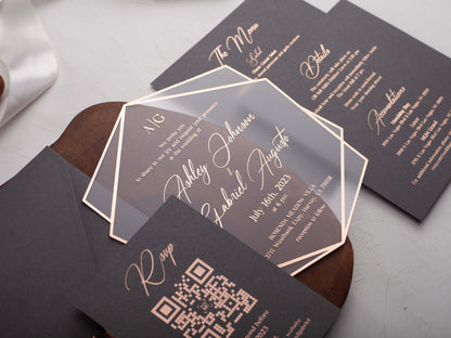Rose Gold Printed Acrylic Wedding Invitations | Gray Envelope