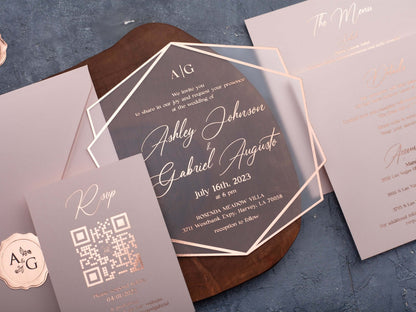 Blush Pink Acrylic Wedding Invitations with Rose Gold Foil Printing