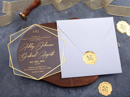 White Acrylic Wedding Invitations with Gold Foil Printing
