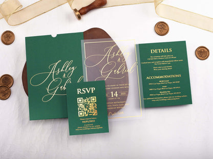 Emerald Green Acrylic Wedding Invitation with Gold Foil Printed