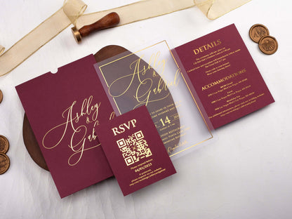Elegant Acrylic Wedding Invitation with Burgundy Sleeve Envelope