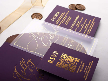 Gold Foil Printed Acrylic Wedding Invitation | Purple Envelope