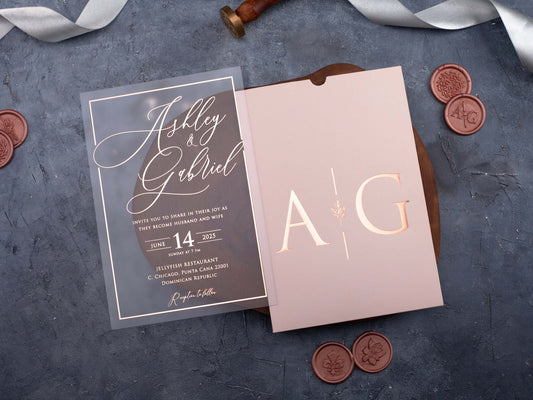 Rose Gold Foil Acrylic Wedding Invitation with Blush Pink Envelope