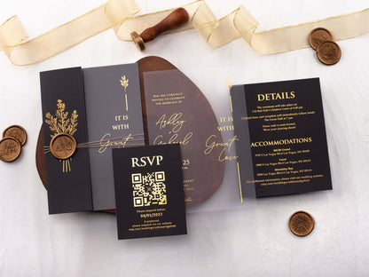Gold Foiled Acrylic Invitations with Black Half Jackets
