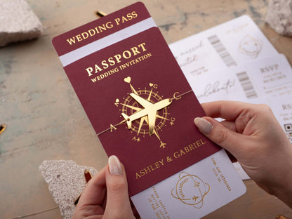 Luxury Passport Wedding Invitation with Gold Foil Boarding Pass and Acrylic Plane