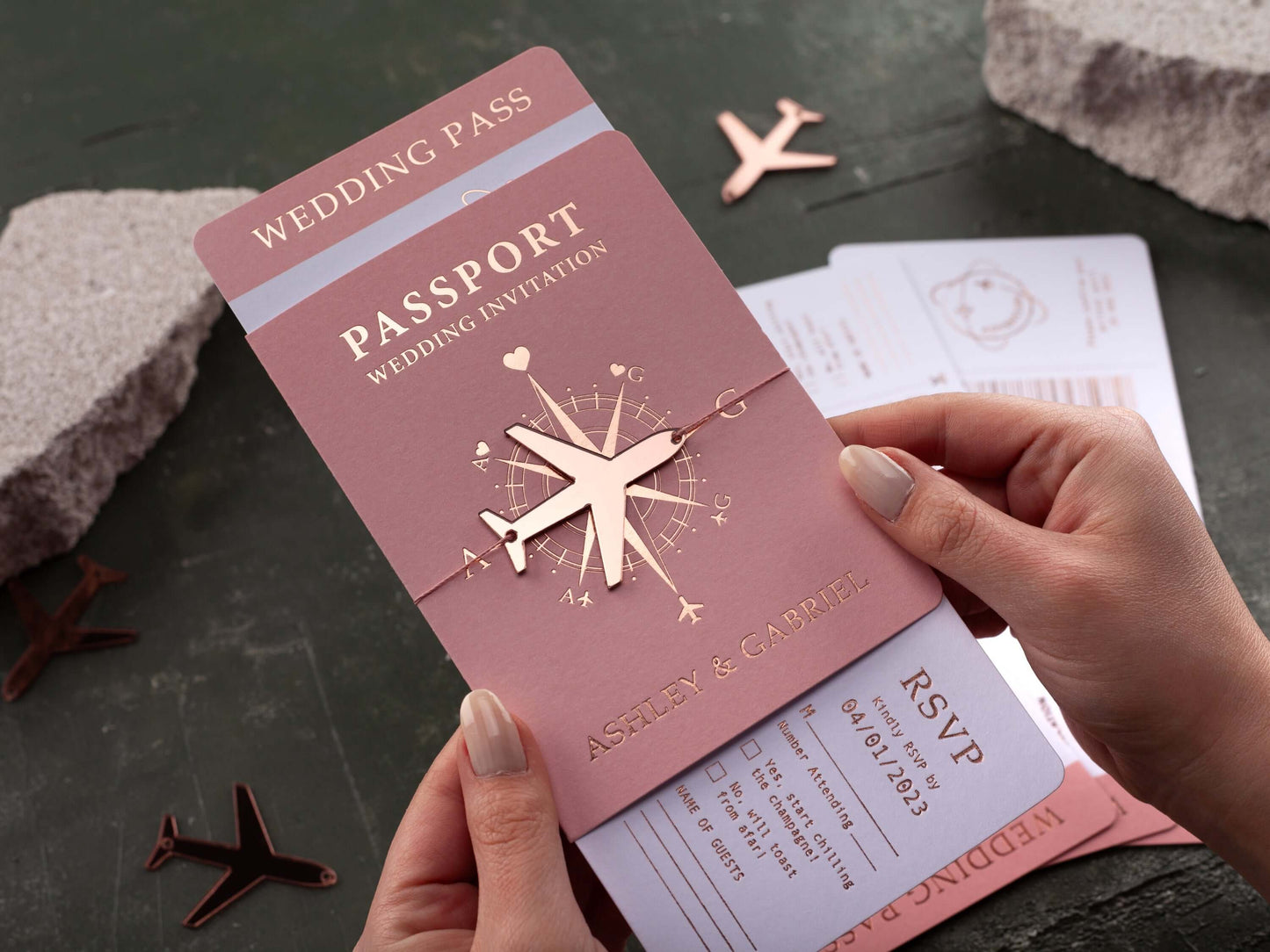 Passport Wedding Invitations with Rose Gold Foil and Blush Pink Covers