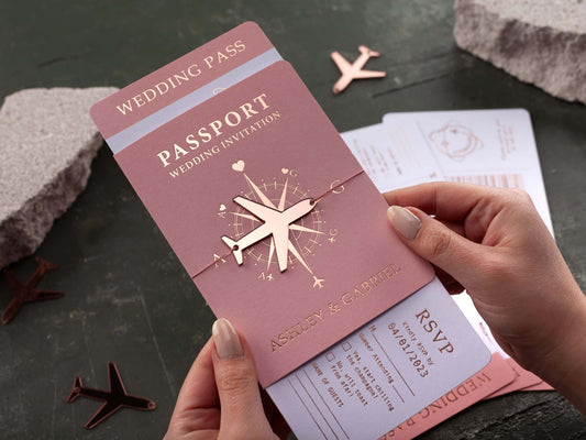 Passport Wedding Invitations with Rose Gold Foil and Blush Pink Covers