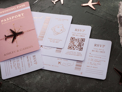 Passport Wedding Invitations with Rose Gold Foil and Blush Pink Covers