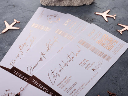 White Passport Wedding Invitations with Rose Gold Foil | Acrylic Plane Accessory