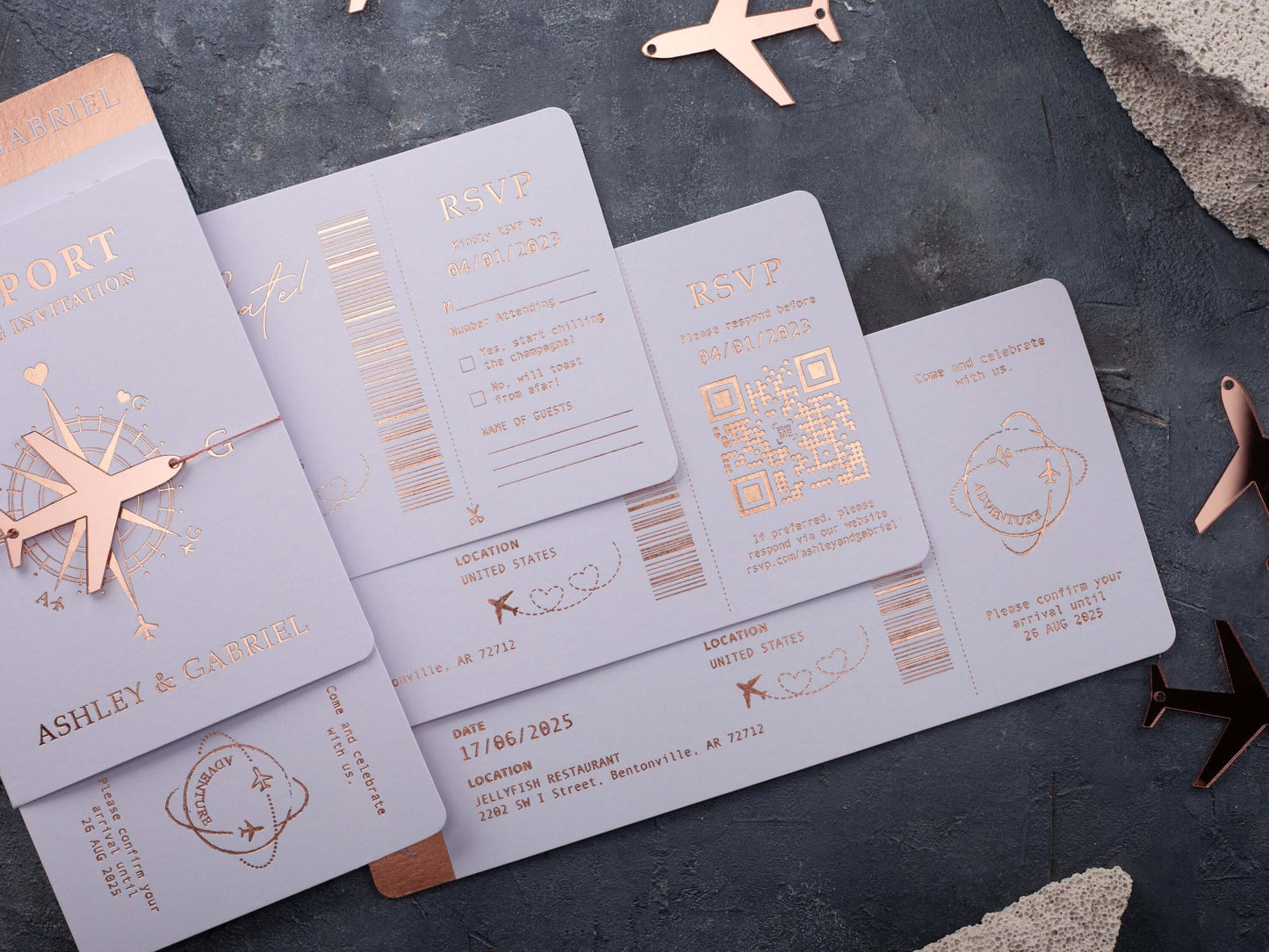White Passport Wedding Invitations with Rose Gold Foil | Acrylic Plane Accessory