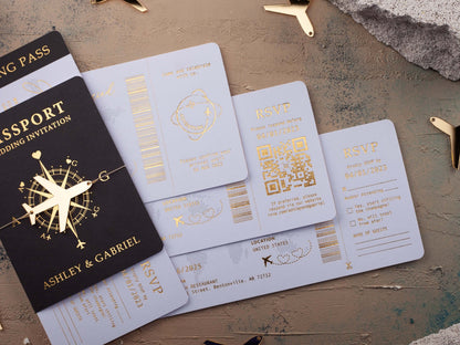 Boarding Pass Invitation, Black and Gold Passport Wedding Invitations