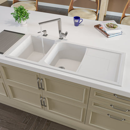 ALFI brand AB4620DI 46" Double Bowl Granite Composite Kitchen Sink with Drainboard