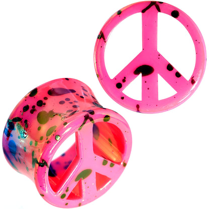 Black Speckled Pink Acrylic Peace Sign Saddle Plug Set 10mm to 20mm