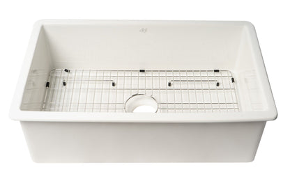 ALFI brand ABF3219SUD 32" x 19" Fireclay Single Bowl Undermount / Drop In Kitchen Sink w Grid