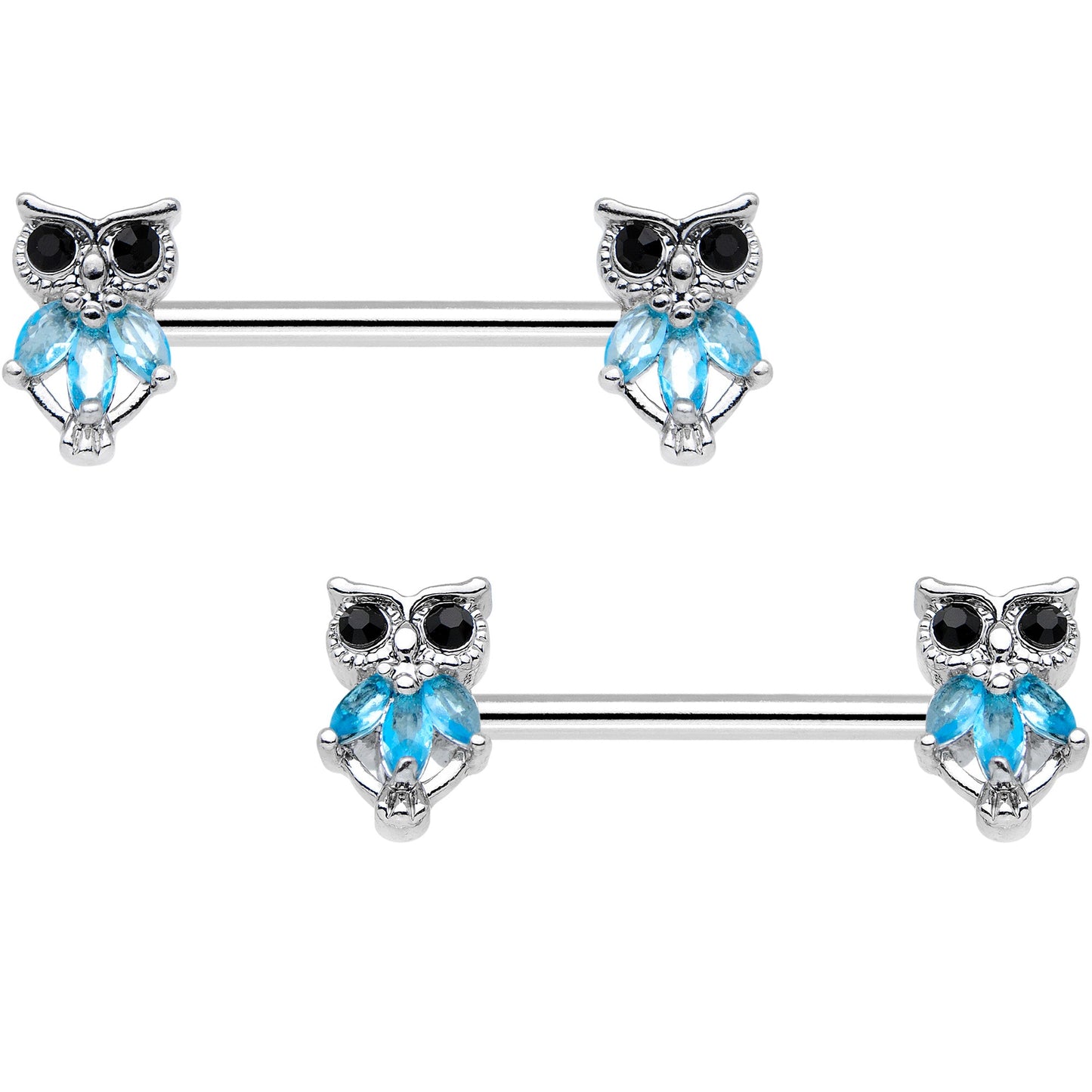 14G 9/16 Blue Gem Night Eye Owl Barbell Nipple Ring Set
