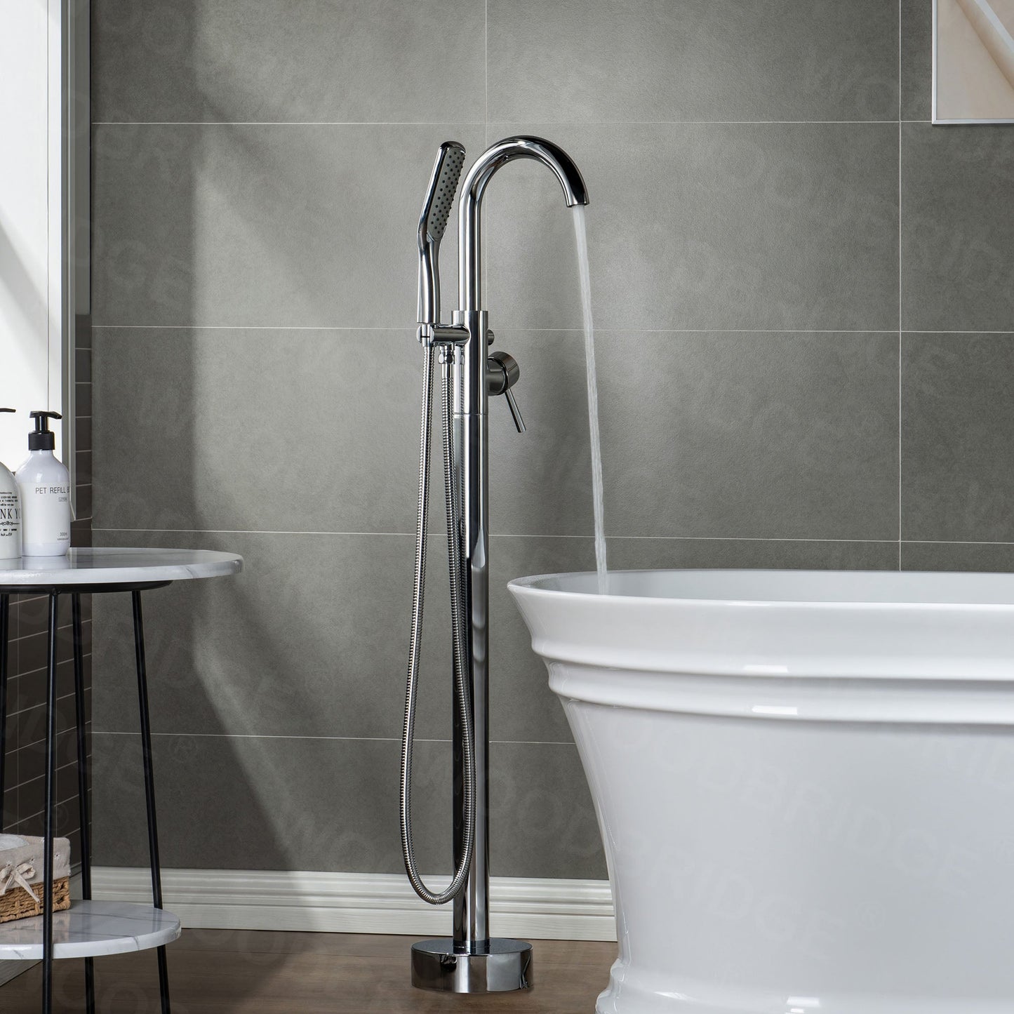 WOODBRIDGE WOODBRIDGEE Contemporary Single Handle Floor Mount Freestanding Tub Filler Faucet with Hand Shower