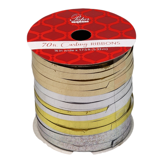 1/8 Inch Curling Ribbon - 4 Colors - 17.5 Feet Each - Platinum/Silver/Gold/Sparkle