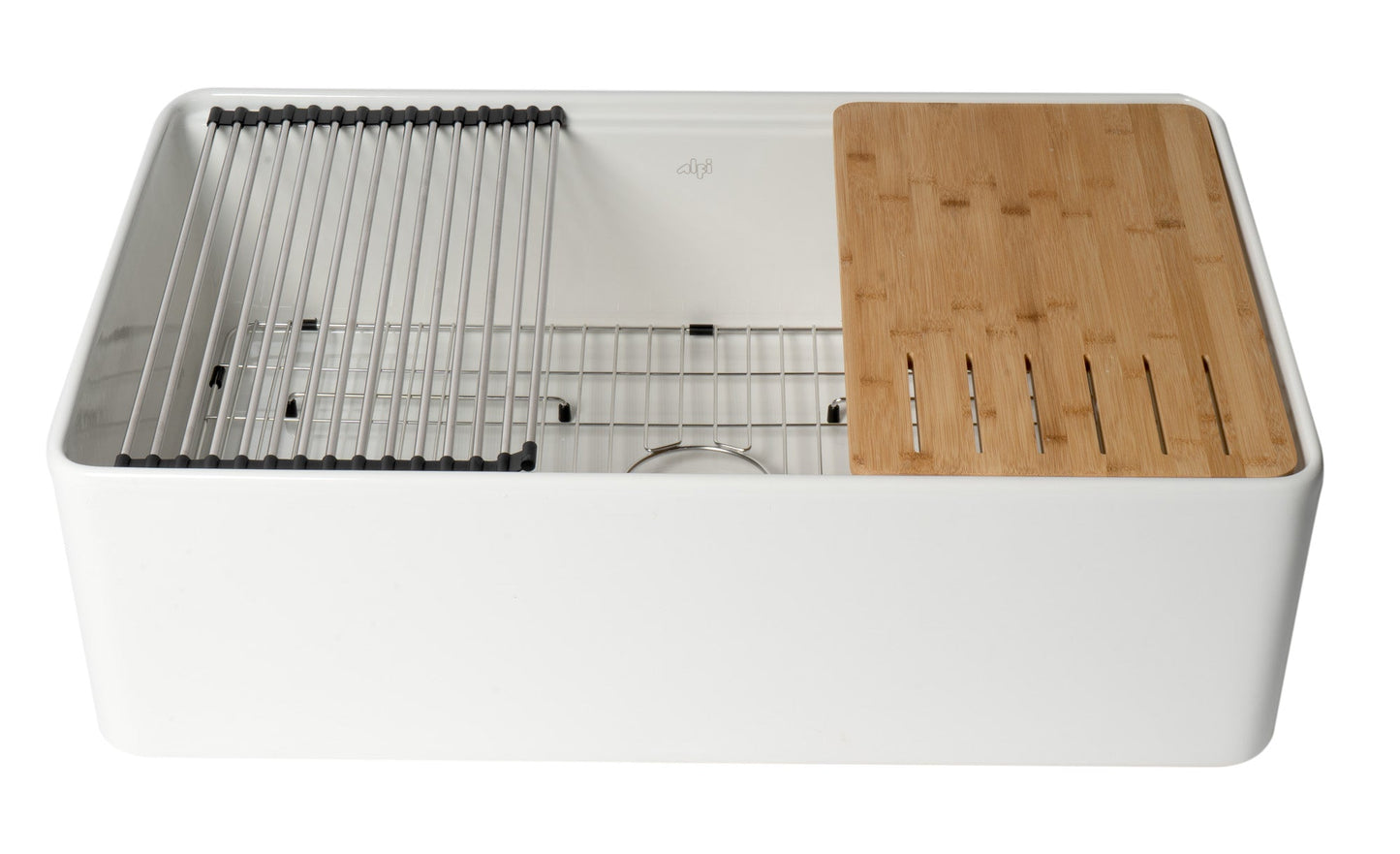 ALFI brand ABFS3320S Workstation 33" x 20" Single Bowl Step Rim Fireclay Farm Sink with Accessories