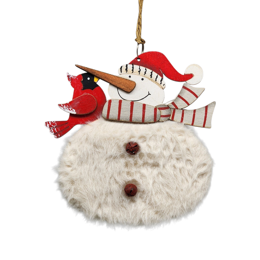 Wood and Fur Snowman Ornament - Grey Scarf with Cardinal