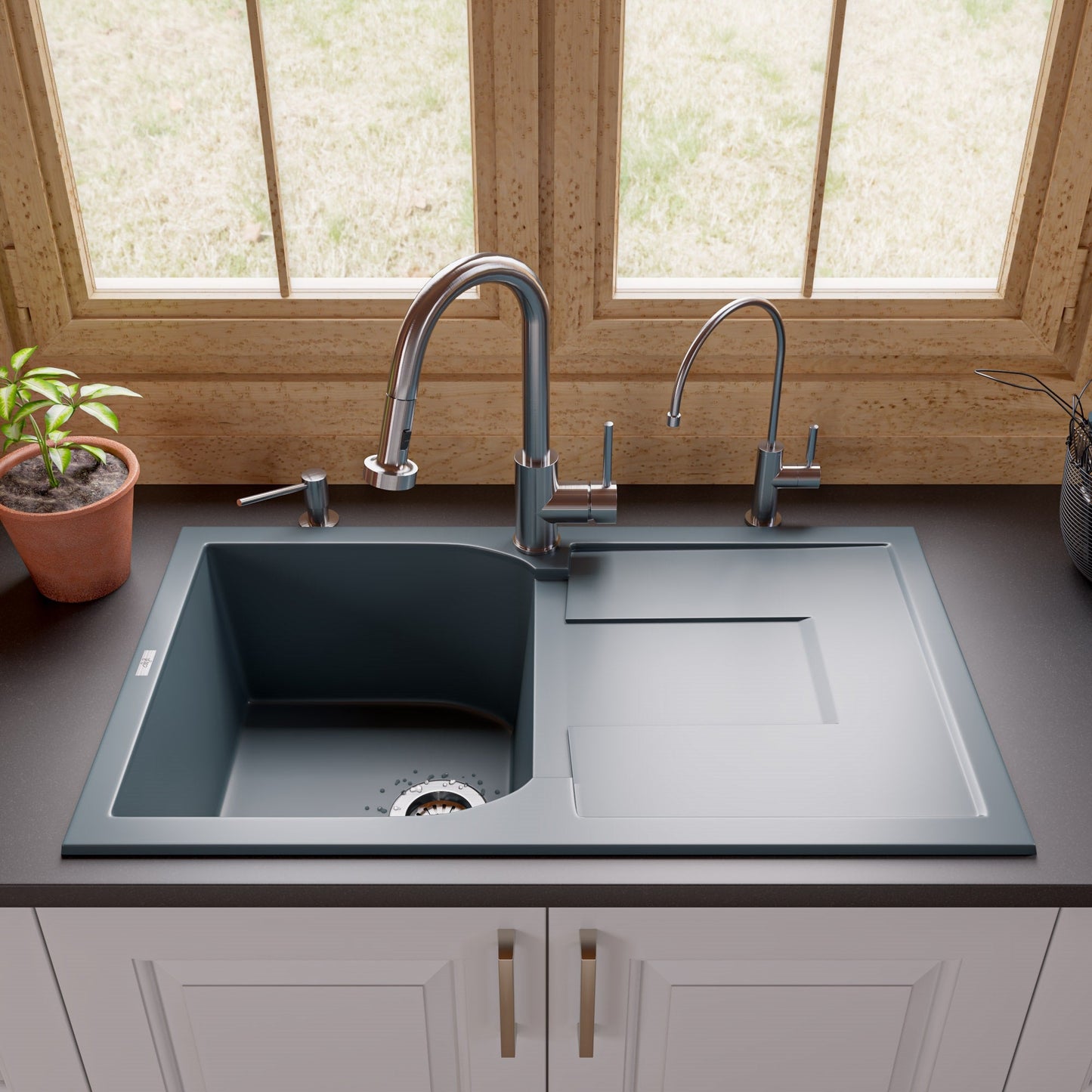 ALFI brand AB1620DI 34" Single Bowl Granite Composite Kitchen Sink with Drainboard