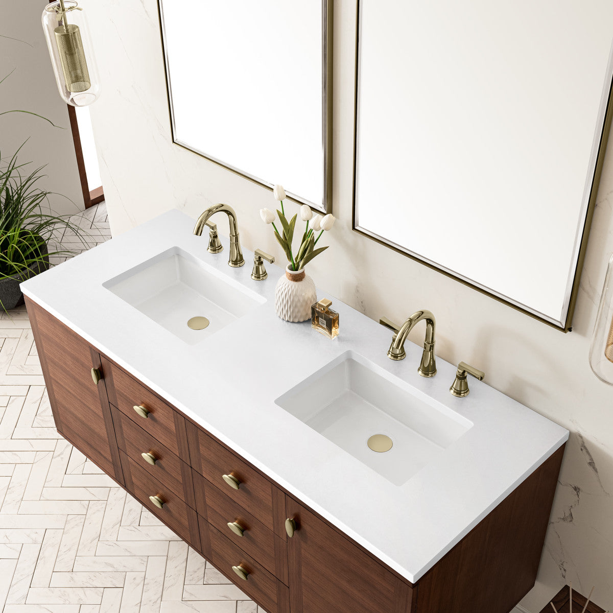 Amberly 60" Double Vanity Cabinet, Mid-Century Walnut
