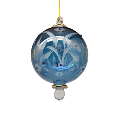 Etched Blown Glass Ball with Crystal Accents - Blue