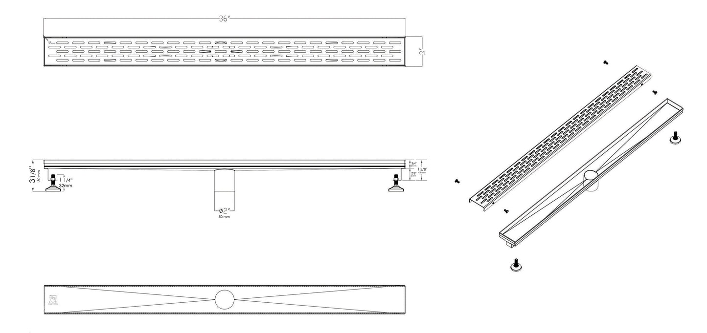 ALFI brand ABLD36C ABLD36C-BM 36" Black Matte Stainless Steel Linear Shower Drain with Groove Holes