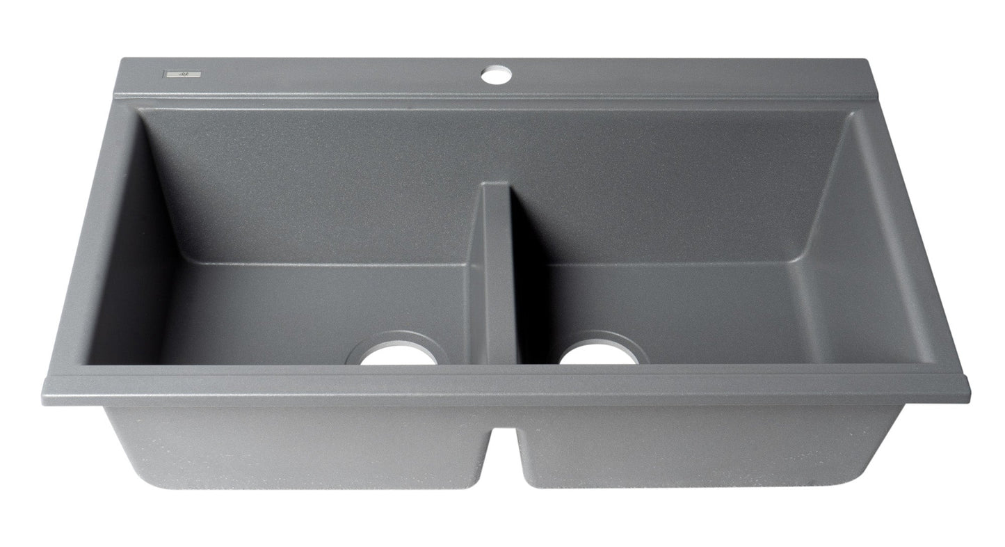 ALFI brand AB3418DBDI 33" Granite Composite Workstation Step Rim Double Bowl Drop In Sink with Accessories