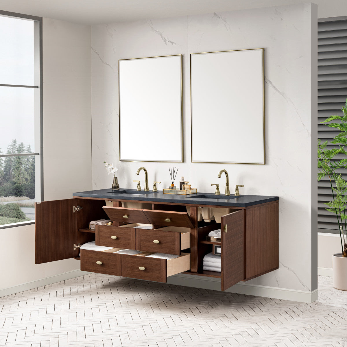 Amberly 72" Double Vanity Cabinet, Mid-Century Walnut