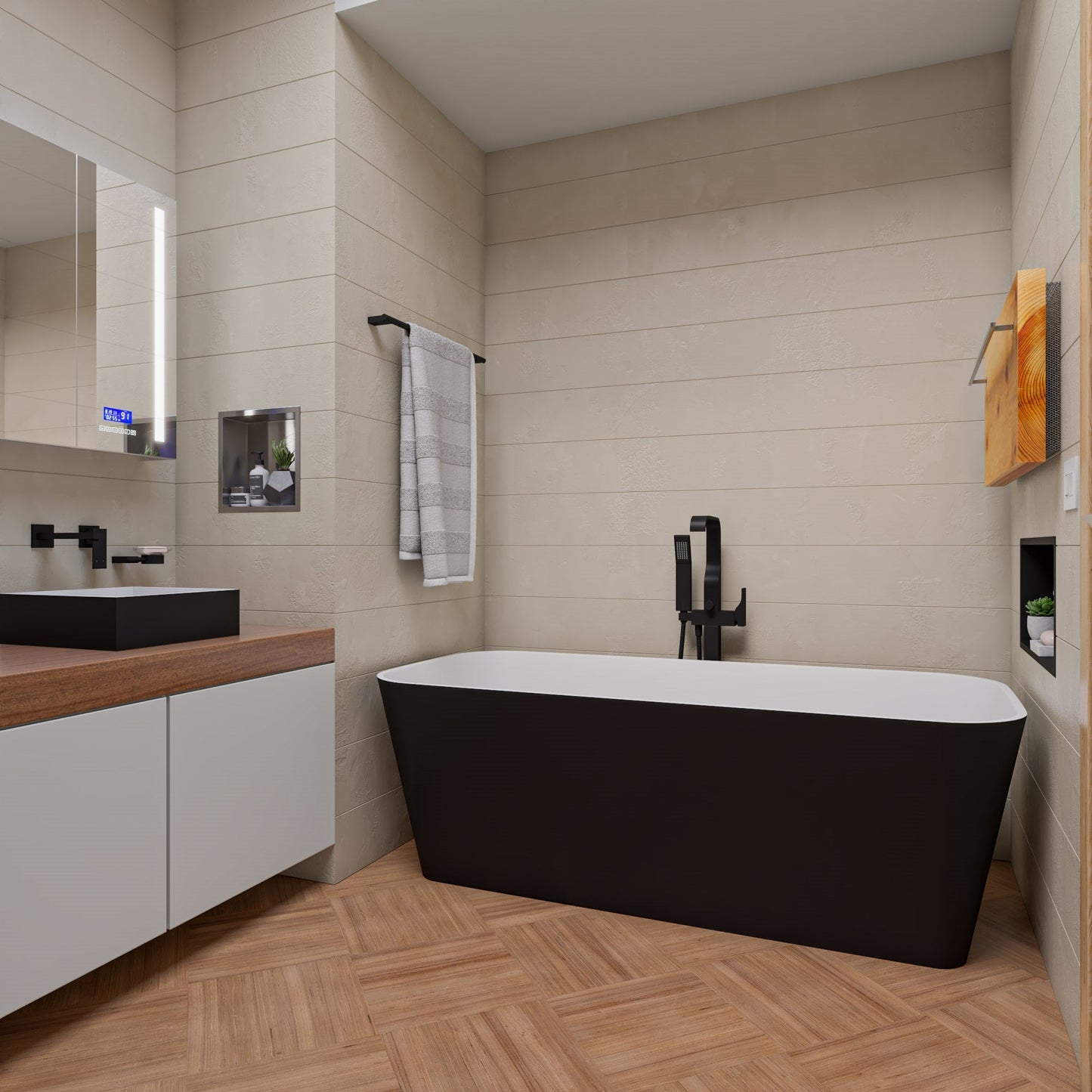 ALFI brand  AB9952BM 67" Black & White Matte Rectangular Solid Surface Resin Soaking Bathtub
