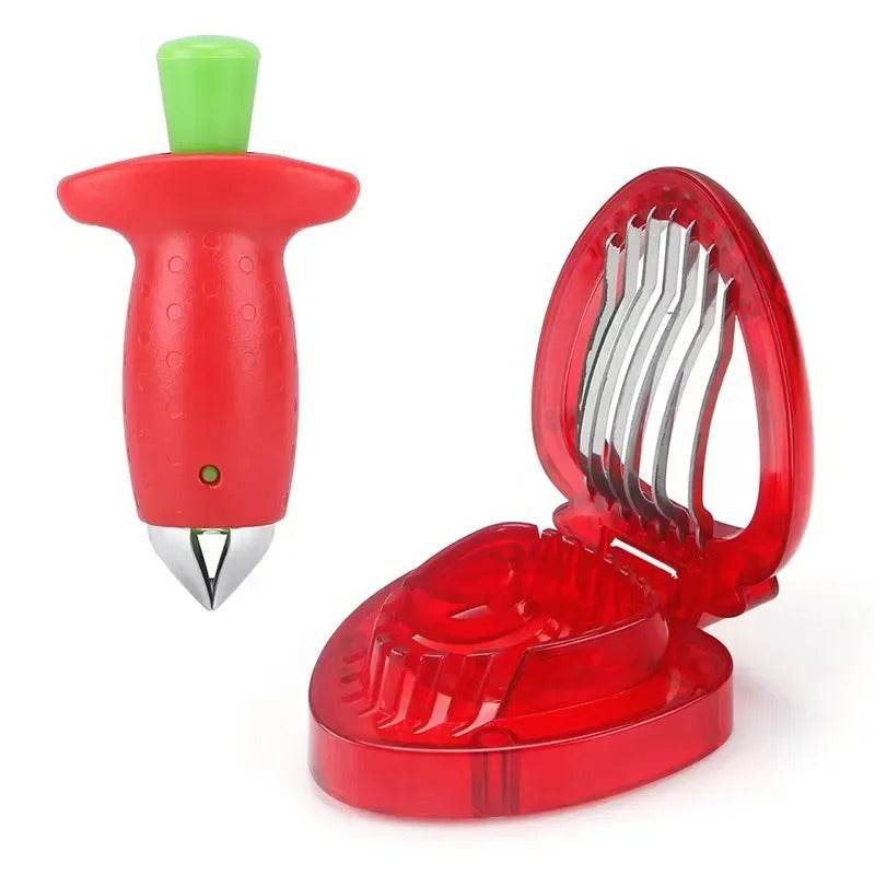 2-in-1 Strawberry Slicer & Stem Remover – Easy Kitchen Fruit Tool for Slicing, Coring & Peeling Berries, Melons & More