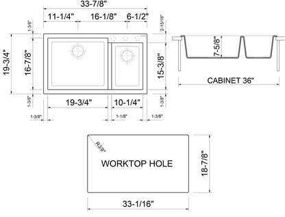 ALFI brand AB3319DI 34" Double Bowl Drop In Granite Composite Kitchen Sink