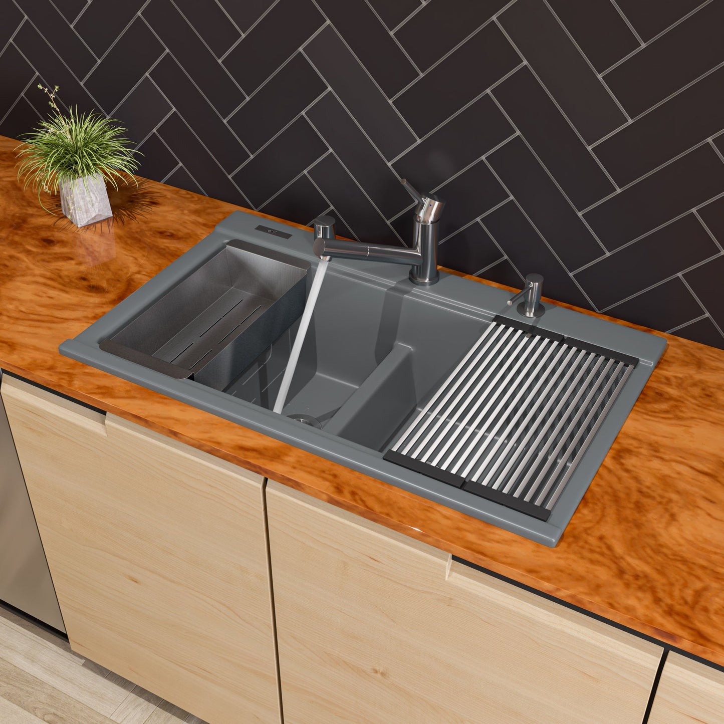 ALFI brand AB3418DBDI 33" Granite Composite Workstation Step Rim Double Bowl Drop In Sink with Accessories