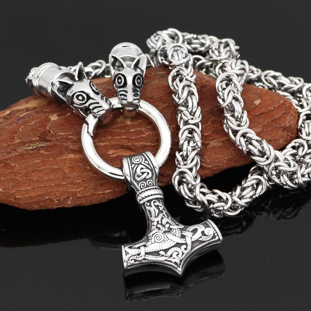 Vikings Geri and Freki Mjolnir Stainless Steel Necklace