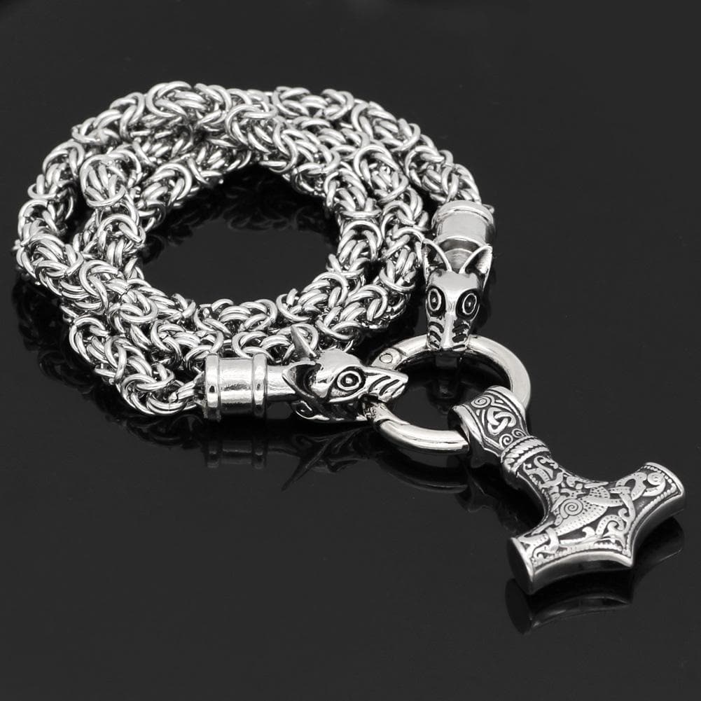 Vikings Geri and Freki Mjolnir Stainless Steel Necklace
