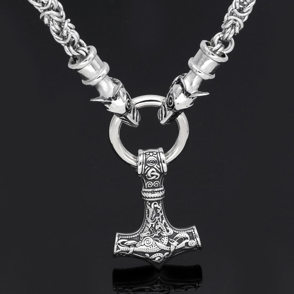 Vikings Geri and Freki Mjolnir Stainless Steel Necklace