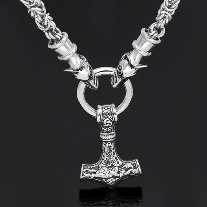 Vikings Geri and Freki Mjolnir Stainless Steel Necklace