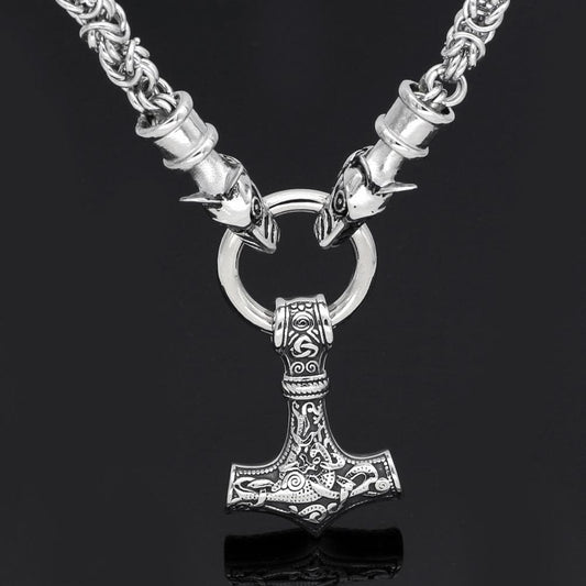 Vikings Geri and Freki Mjolnir Stainless Steel Necklace