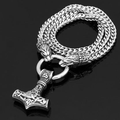 Vikings Mjolnir Wolf-Head Stainless Steel Necklace