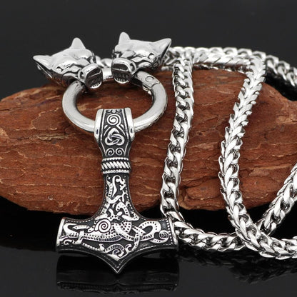 Vikings Mjolnir Wolf-Head Stainless Steel Necklace