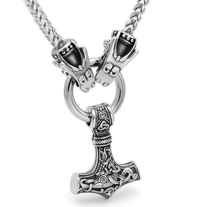 Vikings Mjolnir Wolf-Head Stainless Steel Necklace