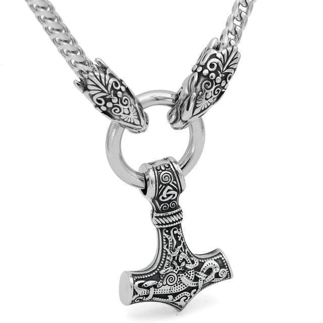 Vikings Mjolnir Wolf-Head Stainless Steel Necklace