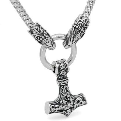 Vikings Mjolnir Wolf-Head Stainless Steel Necklace