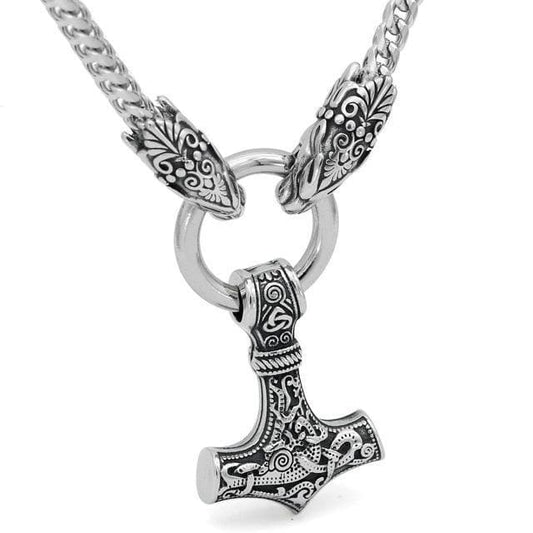 Vikings Mjolnir Wolf-Head Stainless Steel Necklace