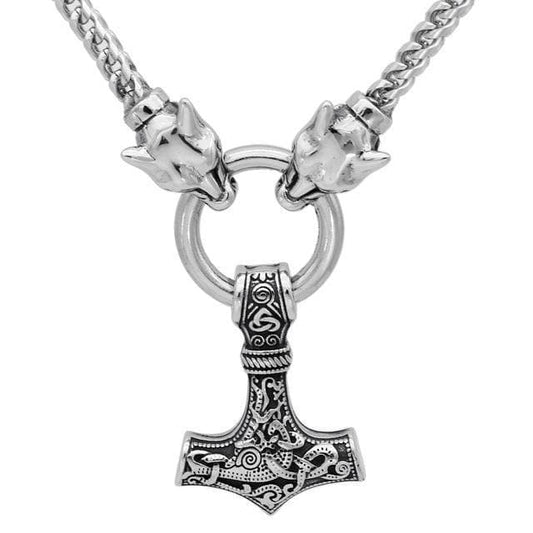 Vikings Mjolnir Wolf-Head Stainless Steel Necklace